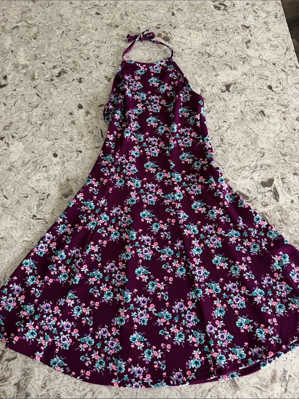 SO Plum Floral Halter Dress with Teal and Pink Accents